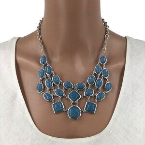 Bib Statement Necklace Silver Tone Blue Simulated Stone Lightweight Adjustable L